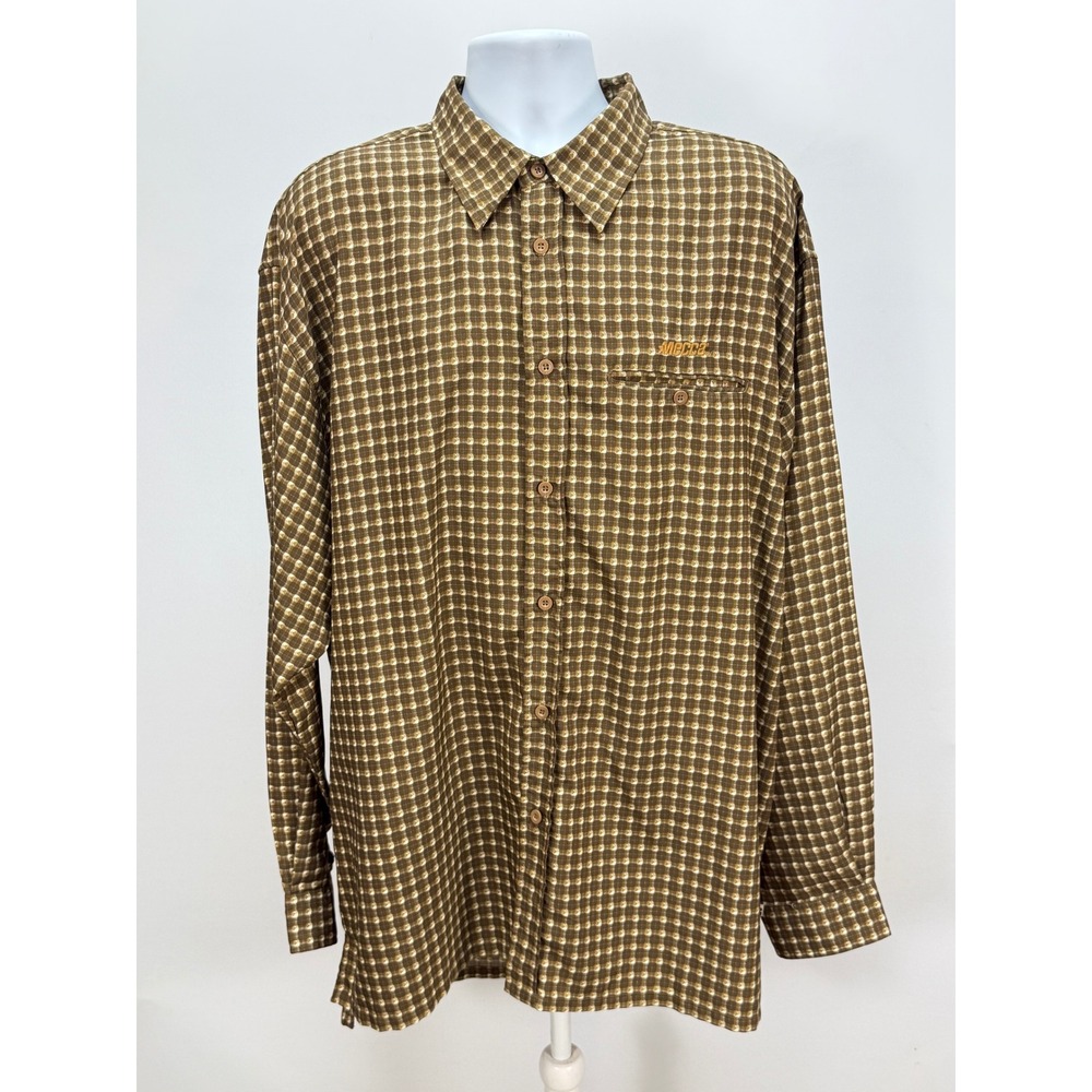 Vintage Mecca USA Shirt Mens XXL Brown Grid Print Long Sleeve Button Down 90s